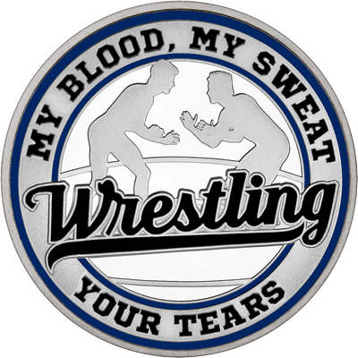 Black "Wrestling" with Navy Blue Outer Circular Borders